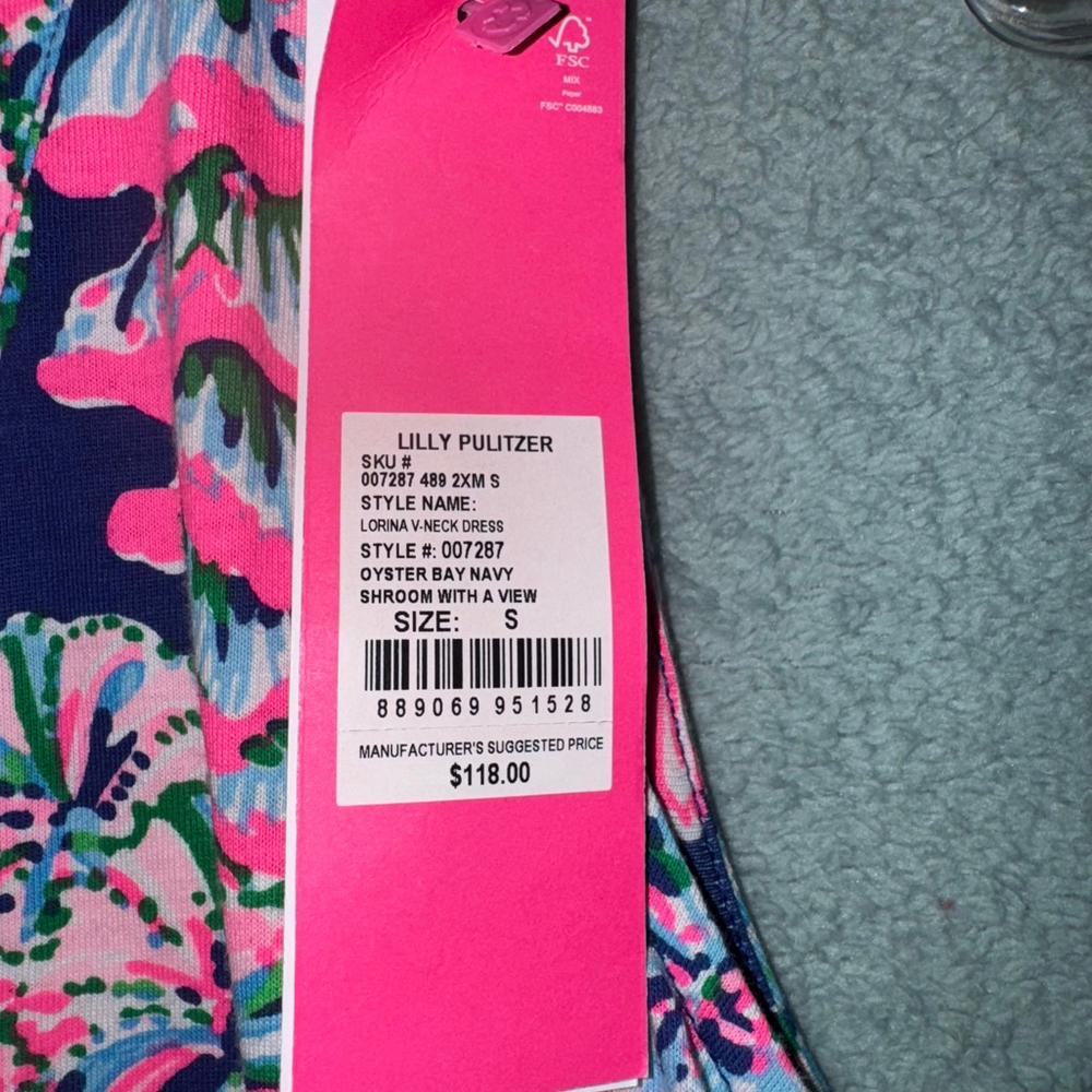 Lilly Pulitzer Lorina V-Neck Dress Oyster Bay Navy Shroom with View Sz Small NWT - Picture 7 of 12